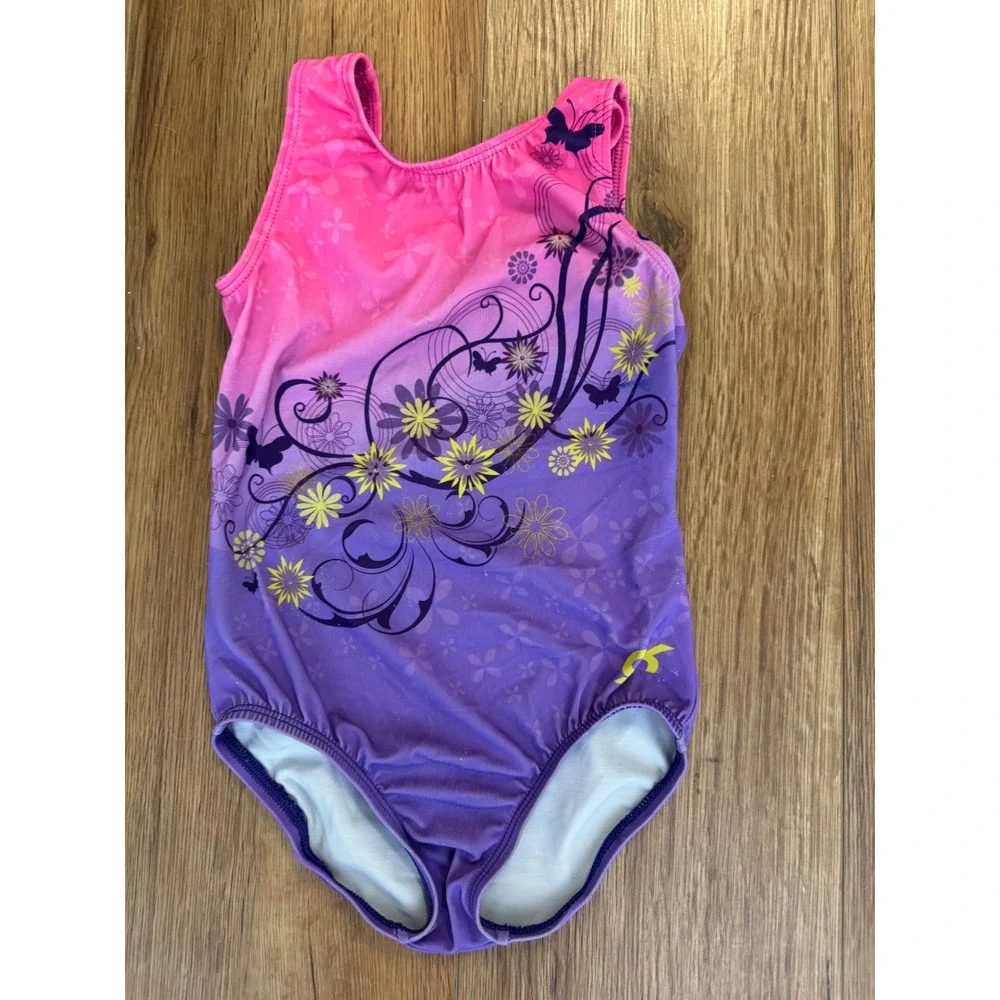 GK Elite Girls Gymnastics Leotard Pink Purple Ombre Floral Butterfly CXS XS